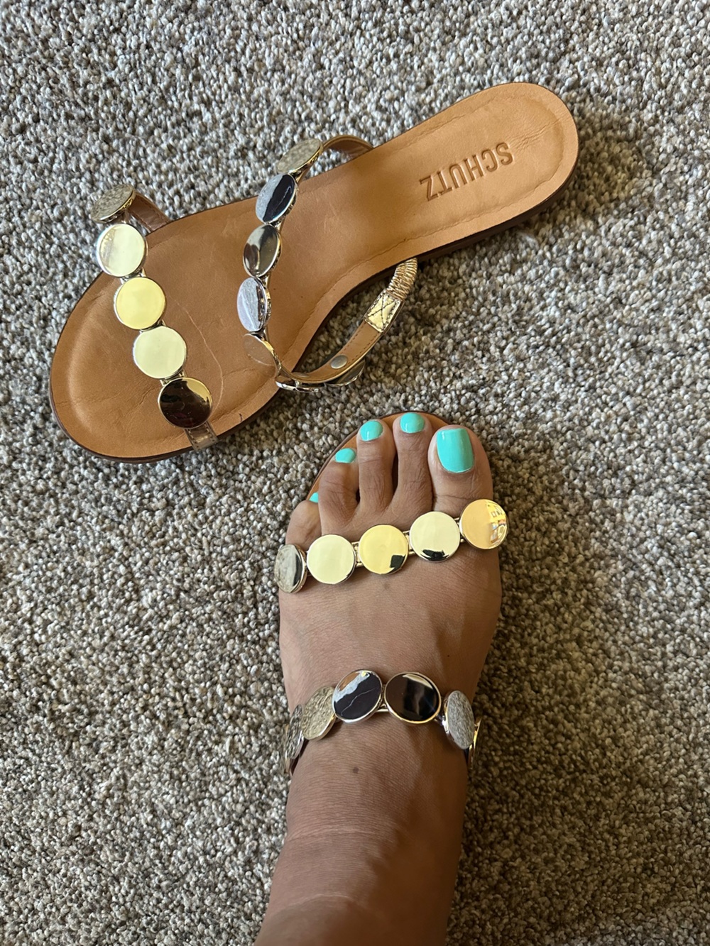 SCHUTZ Silver Metallic Disc Toe-Loop Sandals - Picture 3 of 5